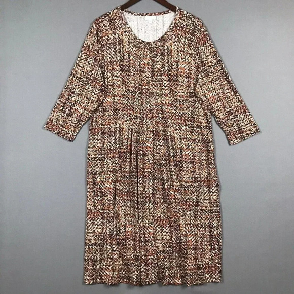 J Jill Shift Midi Dress Size Large Full Button Front 3/4 Sleeve Stretch Pockets - Picture 1 of 16